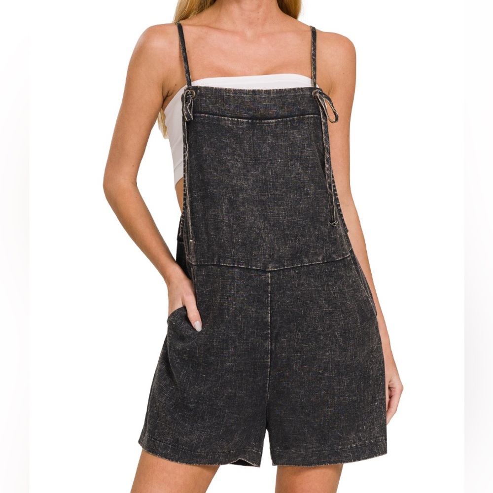 Washed Linen Knot Strap Rompers